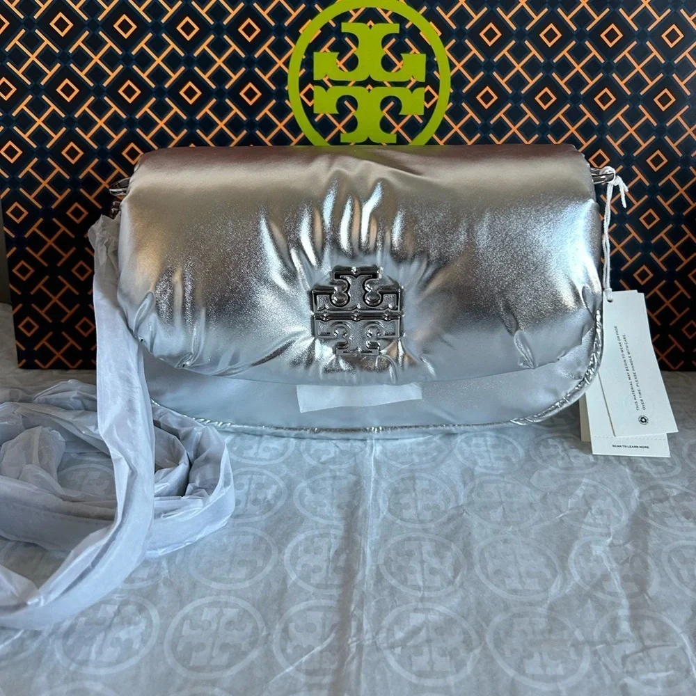 Tory Burch Britten Metallic Puffy Convertible Crossbody Bag Silver